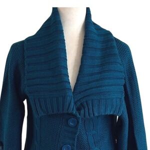 Yarn Arts Teal Blue Cable Knit Shawl Collar Cardigan Sweater Womens Large L Cozy